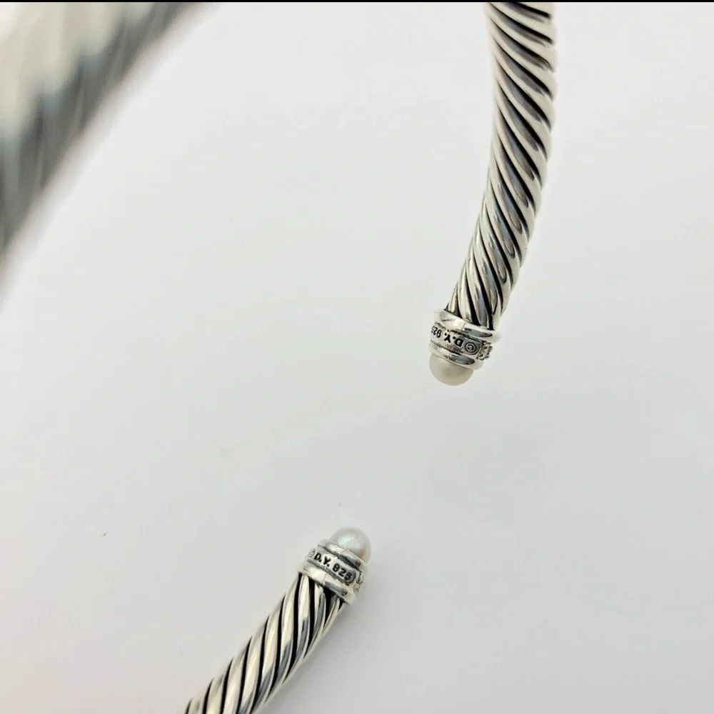 New David Yurman Silver Cable Bracelet Pearl w diamonds sz S 5mm